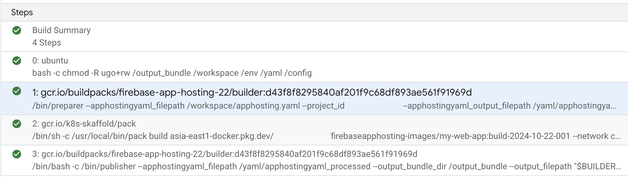 Acquisizione schermo di una visualizzazione della console Google Cloud dei passaggi di Cloud Build