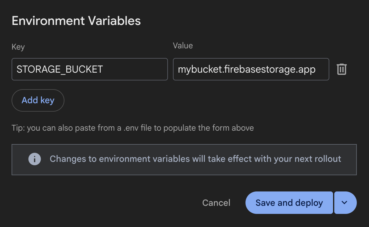 Captura de pantalla del diálogo de Firebase console para agregar variables de entorno