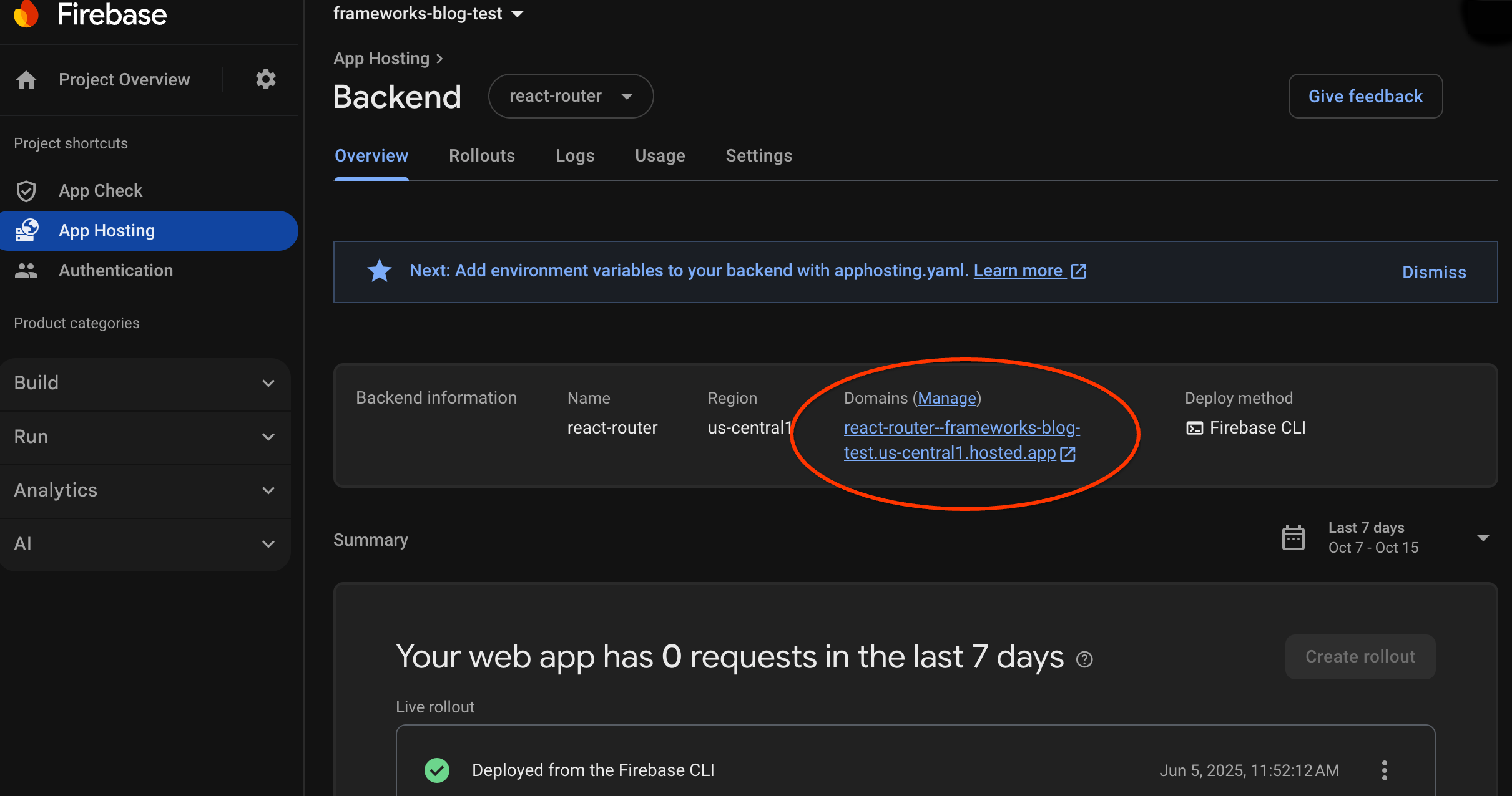 라이브 앱 링크가 강조 표시된 백엔드 정보 행의 스크린샷