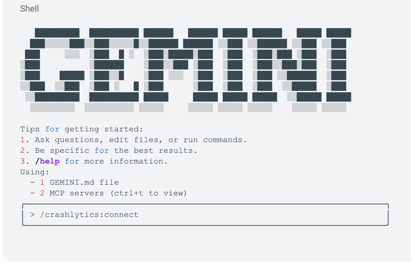 crashlytics:connect 명령어를 사용하는 Gemini CLI