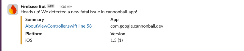 傳送至 Slack 頻道的 Crashlytics 快訊範例