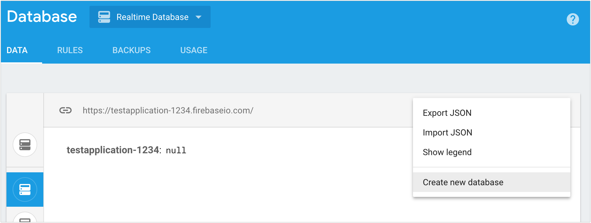 डेटाबेस सेक्शन में मौजूद संदर्भ मेन्यू की मदद से, Firebase कंसोल में डेटाबेस बनाता है