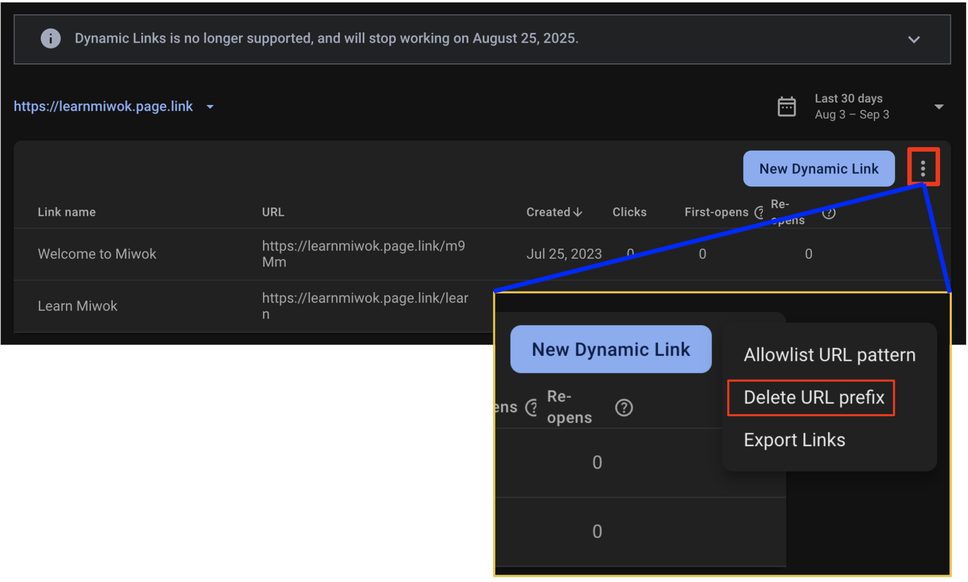 Capture d'écran de la console FDL montrant les options de préfixe du chemin d'URL