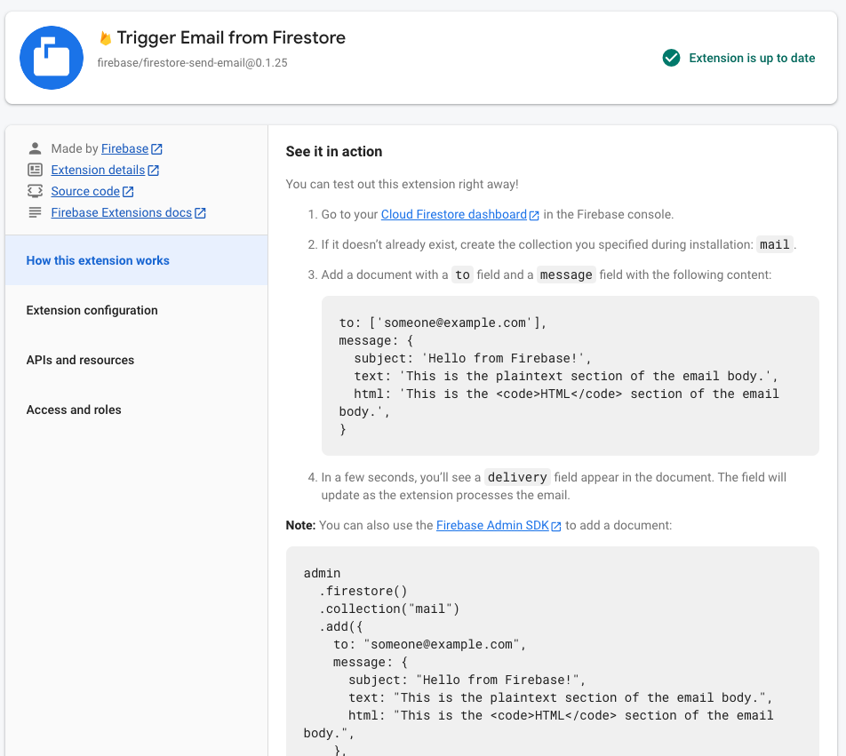 صورة كبيرة لمحتوى ما بعد التثبيت في وحدة تحكم Firebase