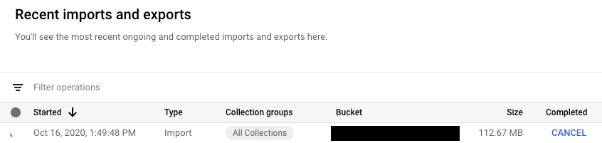 कंसोल में, हाल ही में इंपोर्ट और एक्सपोर्ट किए गए डेटा की टेबल. इसमें, डेटा इंपोर्ट करने की प्रोसेस जारी है. साथ ही, इस प्रोसेस को रोकने के लिए, 'रद्द करें' विकल्प मौजूद है.