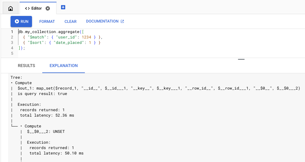 Query Explain tab in the console