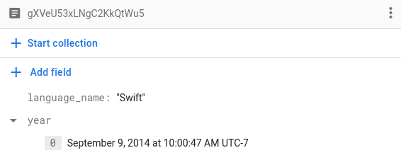 Một tài liệu Firestore có tên thuộc tính theo kiểu snake_case