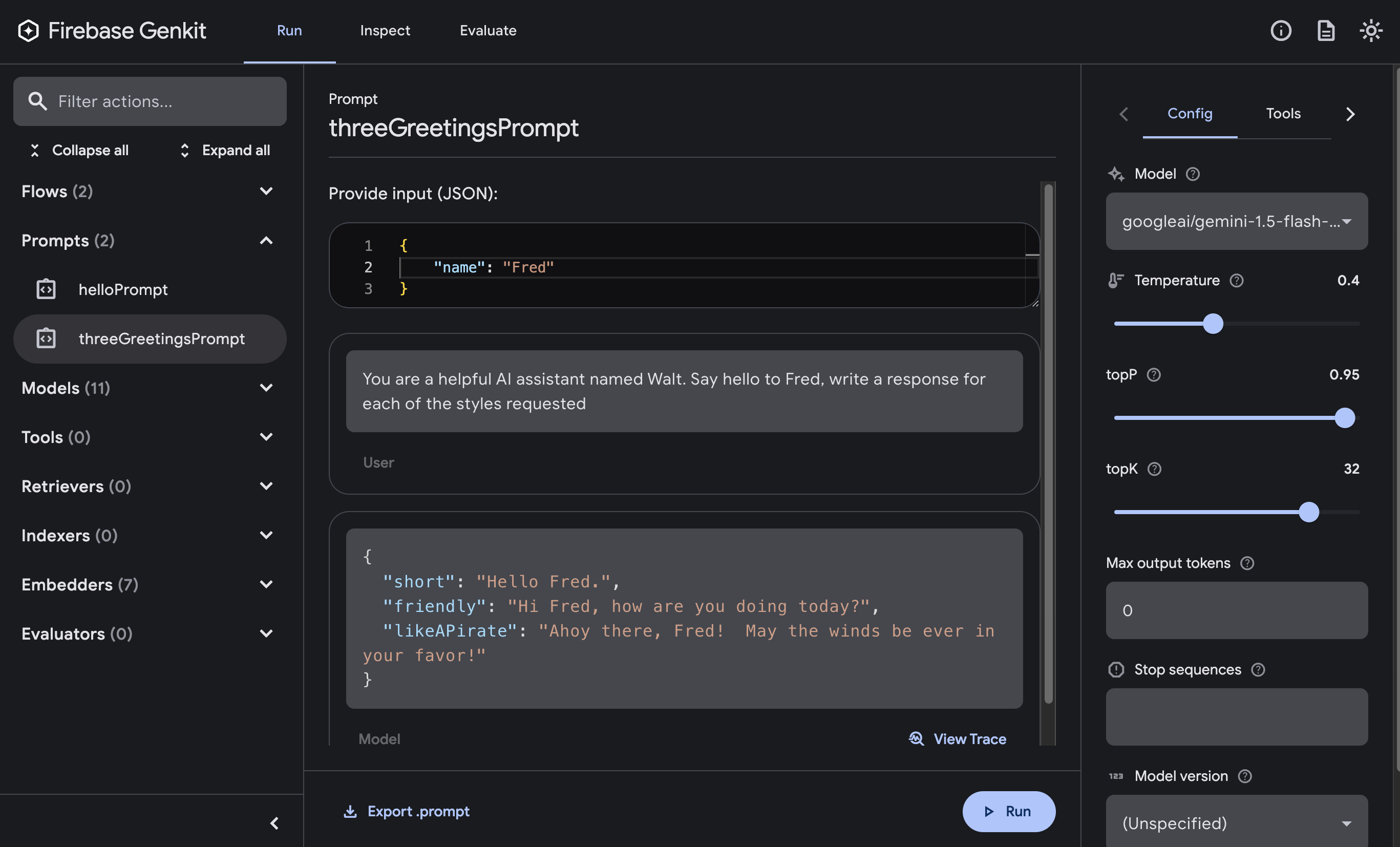 The developer UI showing JSON response to the threeGreetingsPrompt