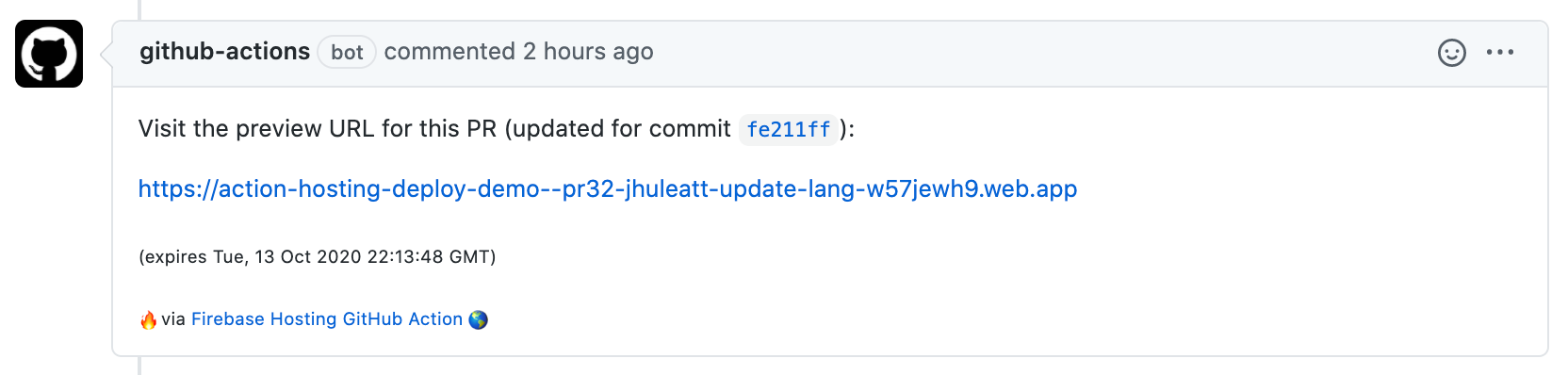 Image d'un commentaire de demande d'extraction GitHub Actions avec l'URL de l'aperçu