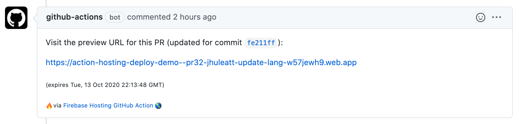 imagen del comentario de solicitud de extracción de la acción de GitHub con URL de vista previa