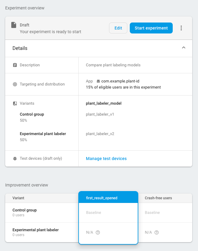 A/B test configuration screen