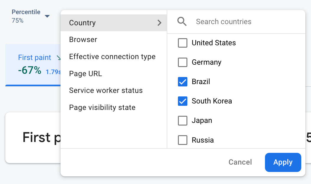 Uma imagem dos dados do Monitoramento de desempenho do Firebase sendo filtrados por atributo