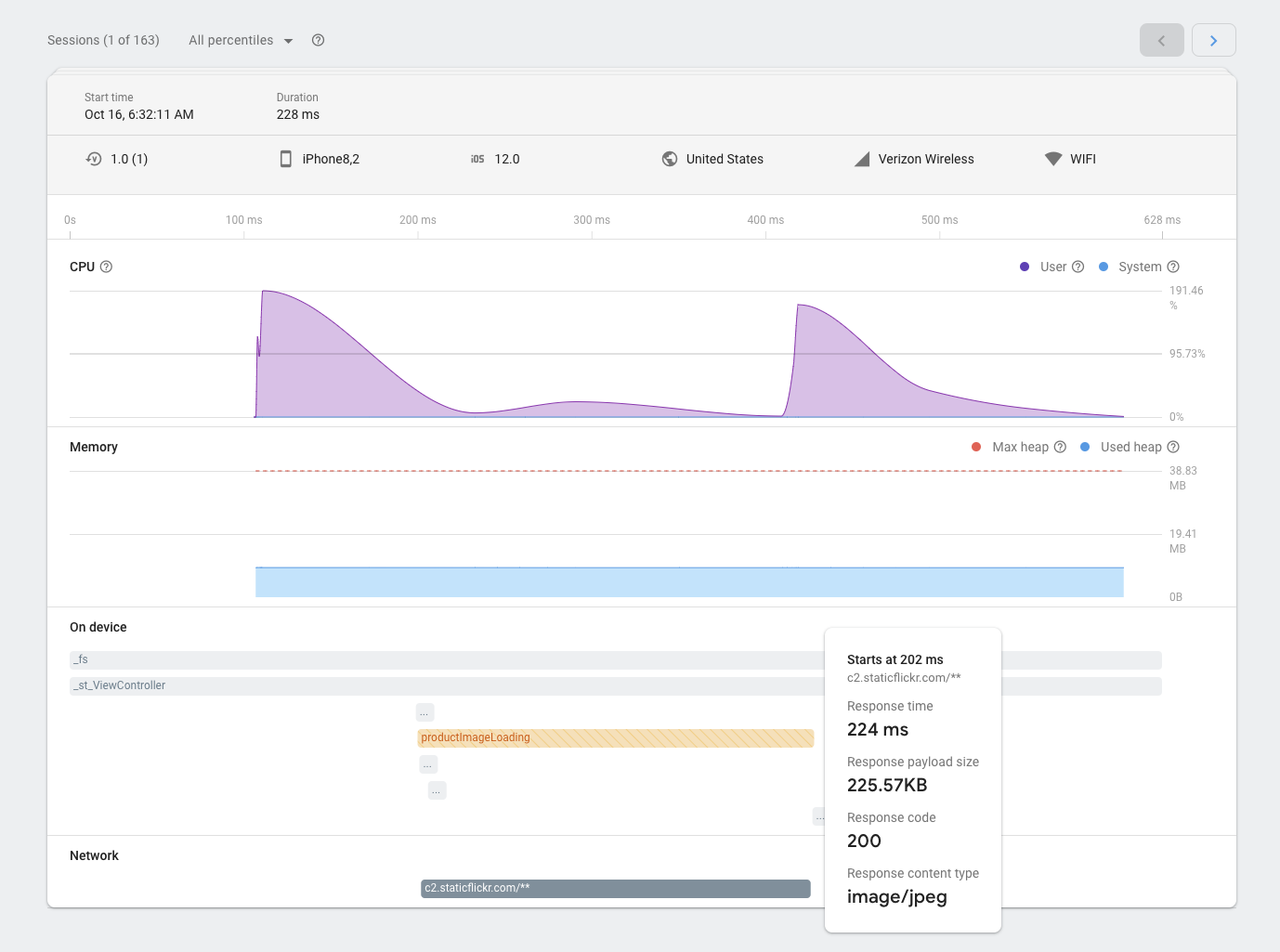 صورة لصفحة جلسات مراقبة أداء Firebase