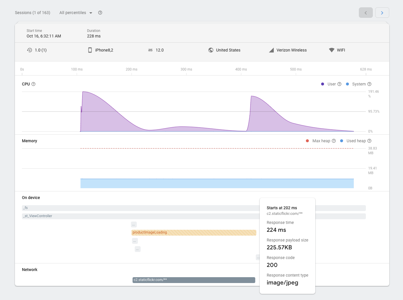 Firebase Performance Monitoring oturumları sayfasının bir görüntüsü