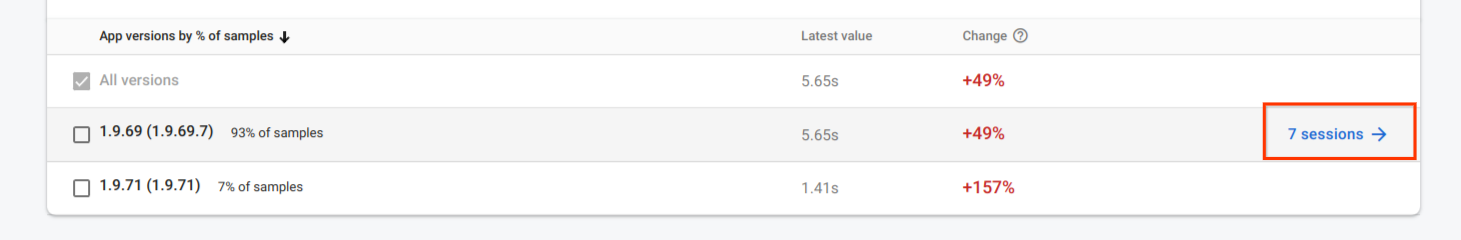 รูปภาพของการติดตามการตรวจสอบประสิทธิภาพ Firebase พร้อมลิงก์ไปยังเซสชัน