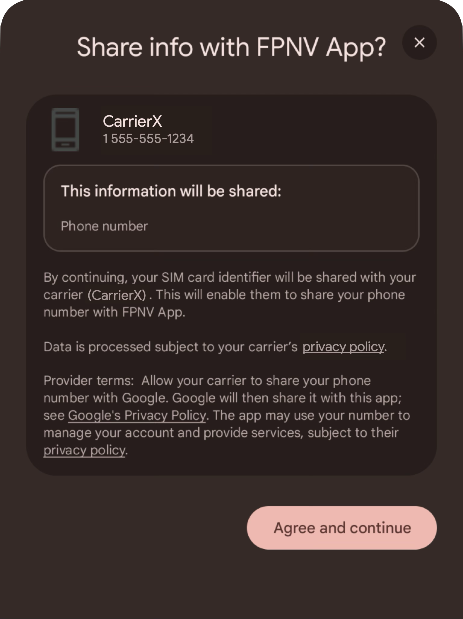 Mockup of Firebase PNV consent screen on Android