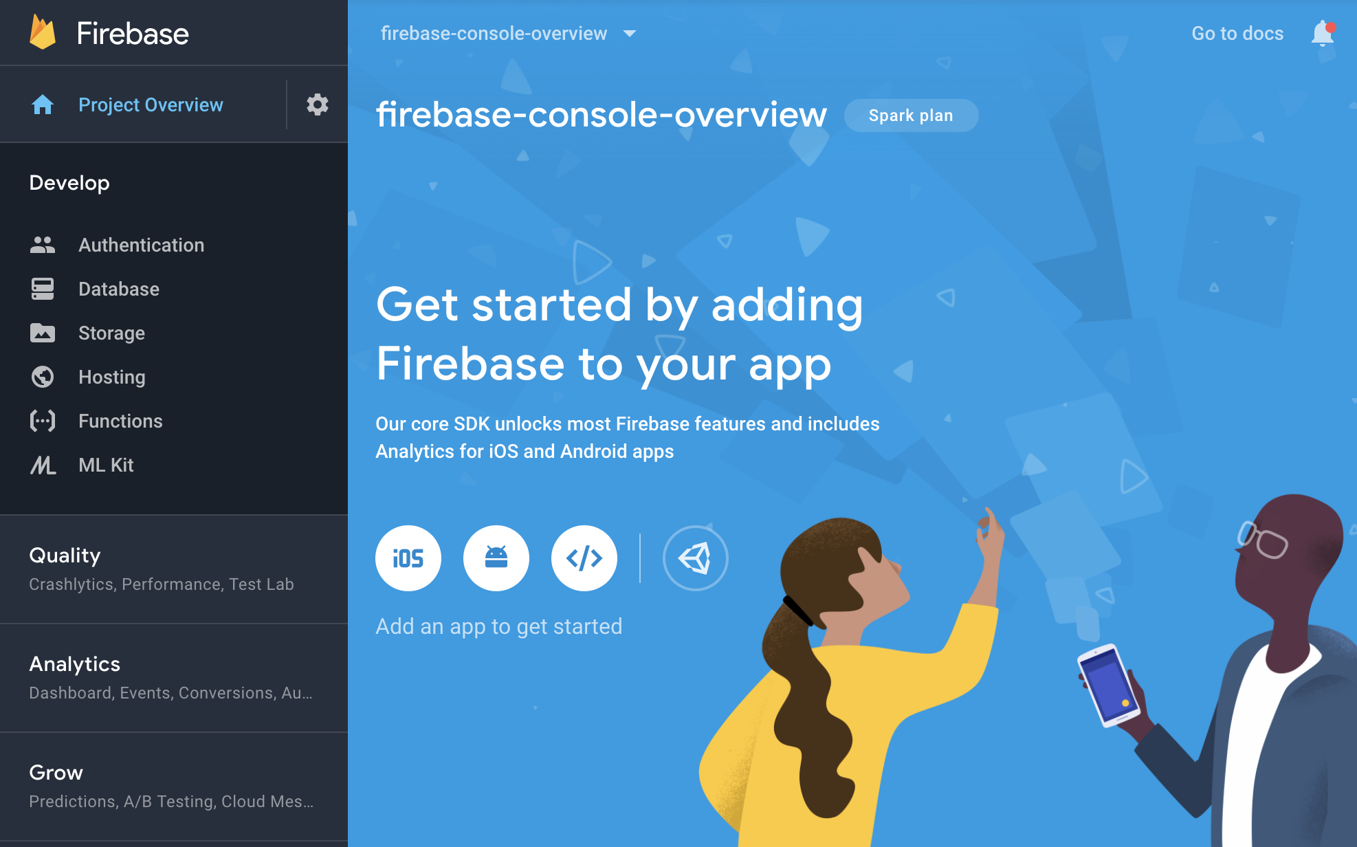 Firebase कंसोल - प्रोजेक्ट की खास जानकारी वाली स्क्रीन