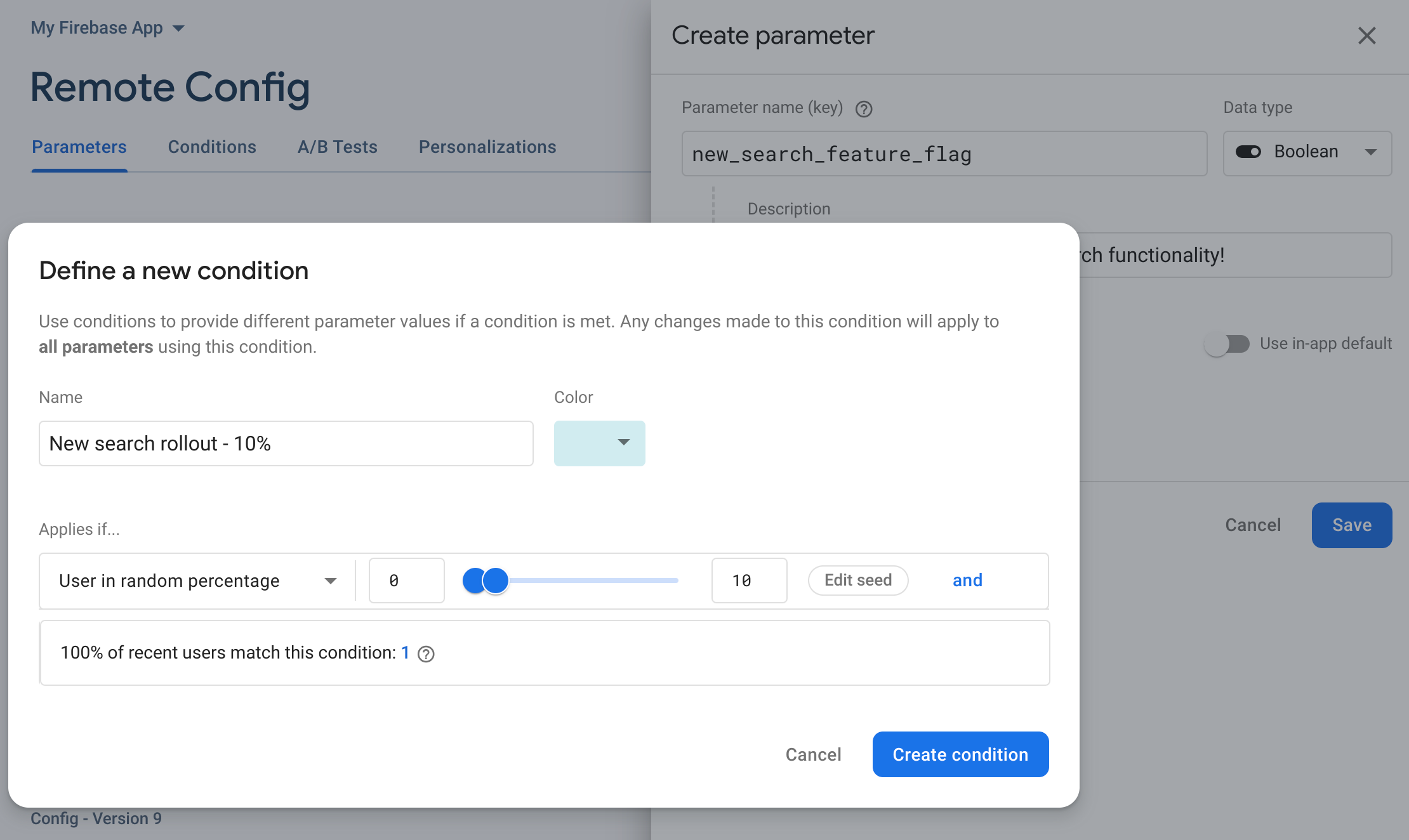 تصویر در حال حرکت از طریق مراحل رابط کاربری گرافیکی کنسول Firebase برای اجرای درصد عرضه بر روی یک پارامتر موجود