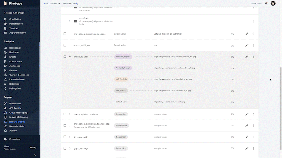 Animiertes Bild, das die Schritte in der Firebase Console-Benutzeroberfläche zum Definieren plattform- und gebietsschemaspezifischer Angebotsbanner zeigt