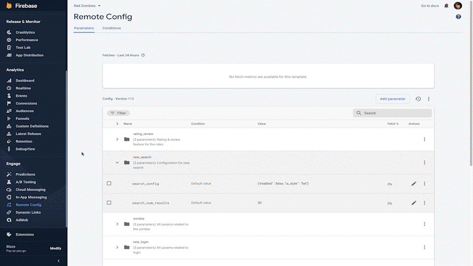Animiertes Bild, das die Schritte in der Firebase-Konsole zeigt, mit denen neue Funktionen mit einer begrenzten Testgruppe getestet werden können