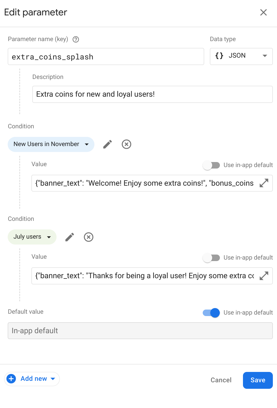 शर्त के हिसाब से वैल्यू तय करने वाला Remote Config पैरामीटर