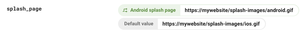 Screen capture of the 'splash_page' parameter in the Firebase console showing its default value for iOS and conditional value for Android