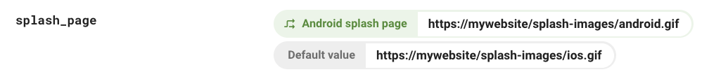 Firebase 控制台中“splash_page”參數的屏幕截圖，顯示了 iOS 的默認值和 Android 的條件值
