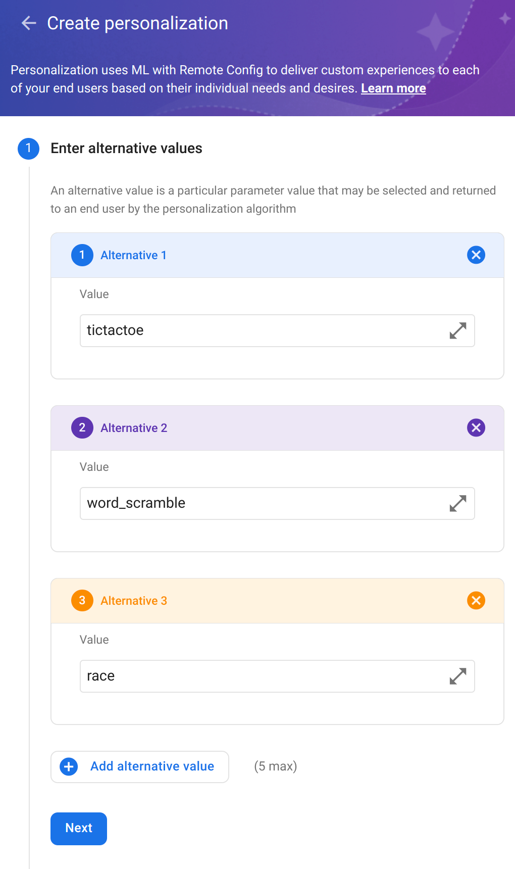 Add alternative values