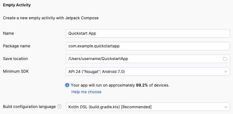 Диалог создания нового проекта в Android Studio