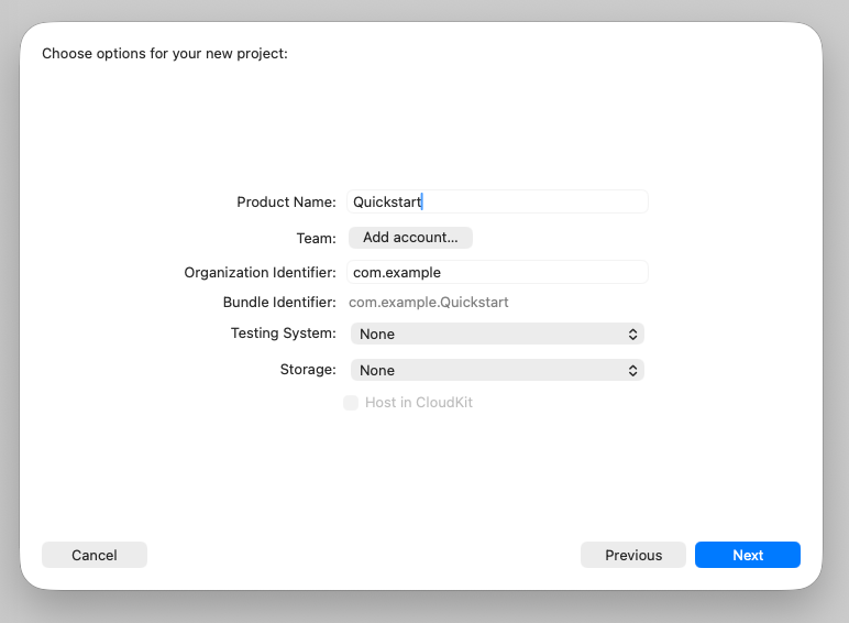 پنجره‌ی گفتگوی پروژه‌ی جدید Xcode