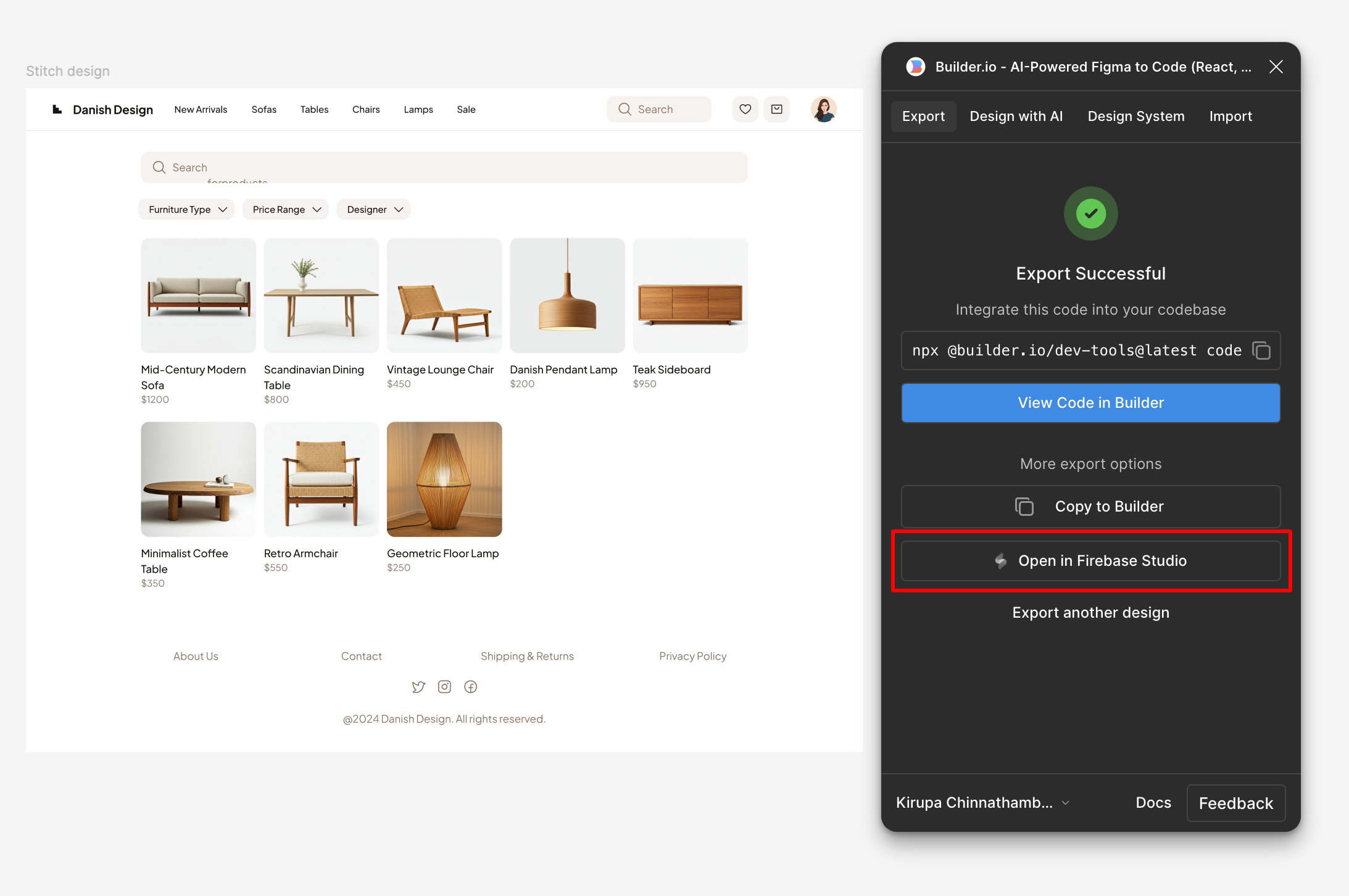 Builder.io Figma to Code plugin with Firebase Studio