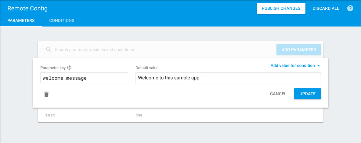 Configuración de parámetros Remote Config.