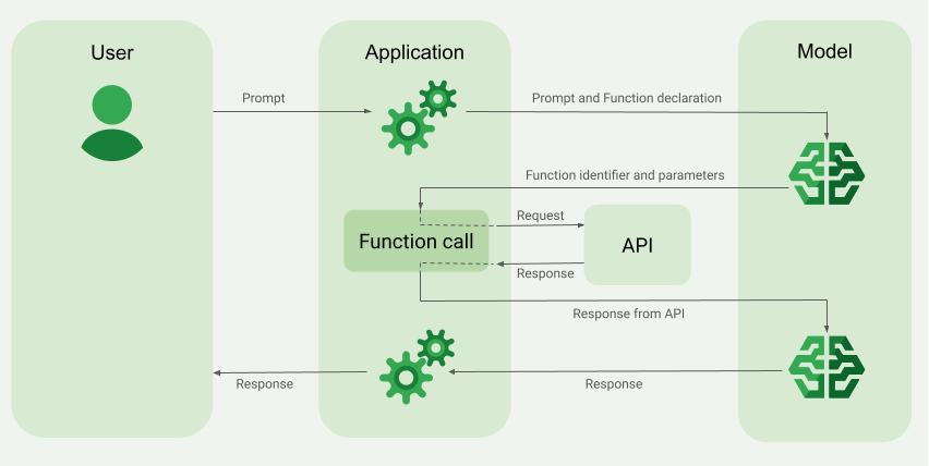 Diagram showing how function calling involves the model interacting with a function in your app