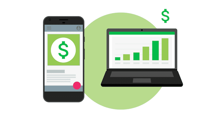 Teléfono y laptop con signos de dólar