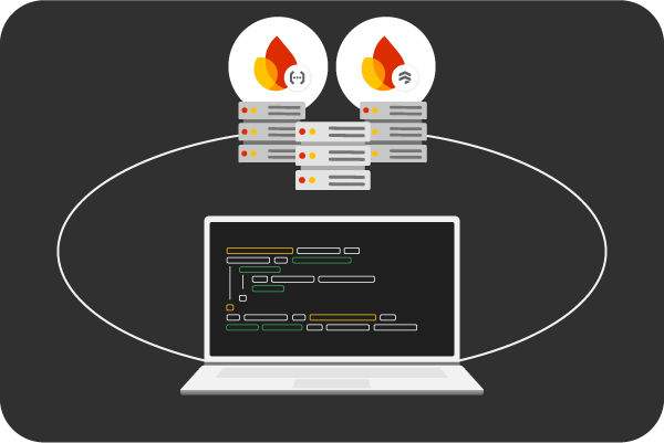 Illustration of laptop with servers behind